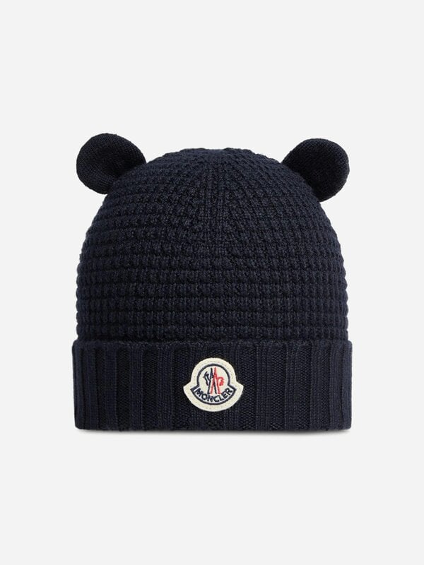 Moncler Enfant Baby Wool Beanie Hat with Ears in Navy