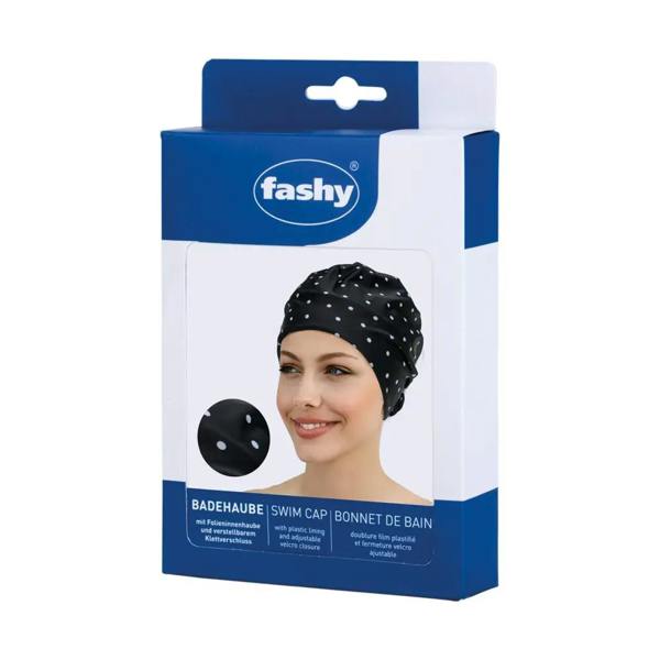 Black polka dot fabric swim cap by Fashy in neoprene with white dots