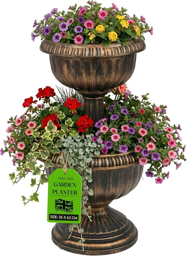 My Garden Outdoor Living MY Garden Planter 2 Tier with Solar Powered 8 LEDs-Tower Flower Planter with Bronze Antique Effect-Weather Resistant