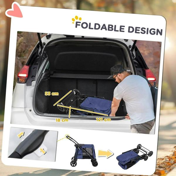 Foldable dark blue dog stroller shown loading into a car trunk with compact frame