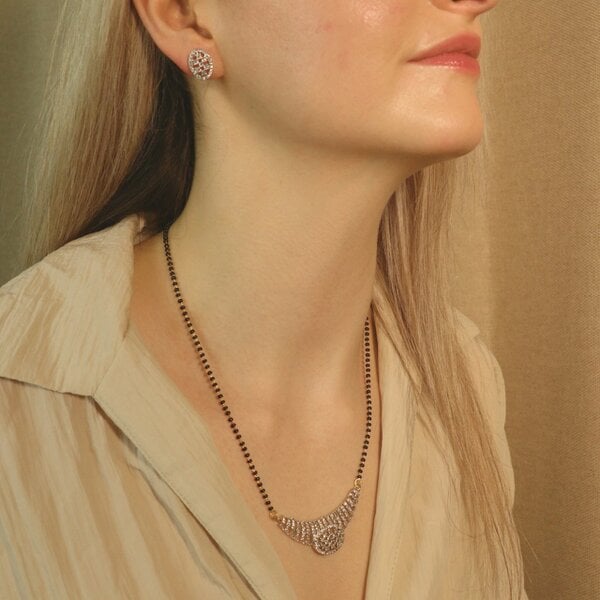 The Colourful Aura Indian Nazaria Silver Zircon Dangle Mangalsutra Black Beads Earring and Pendant Necklace