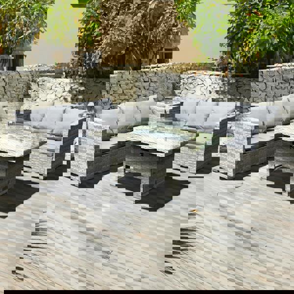 malta rattan 6 seat rising firepit corner set in dove grey