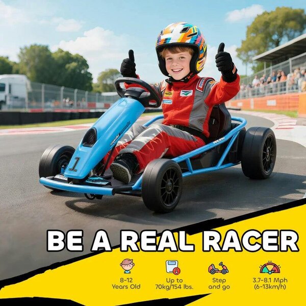 24V Drift Kart, Electric Ride-On Racing Go Kart w/ 2 Speeds, Steering Wheel, Pedals for Kids Aged 8-12, Blue