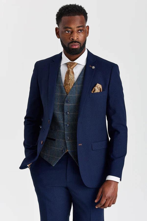 Paul Andrew Mayfair Navy Textured Suit with Harris Navy Tweed Waistcoat