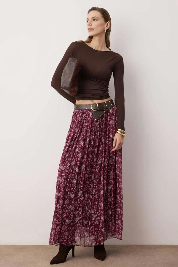 WOVCOR Belted Floral Chiffon Wrinkled Long Skirt