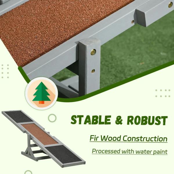 Close-up of grey dog seesaw frame with brown anti-slip textured panel and metal screws.