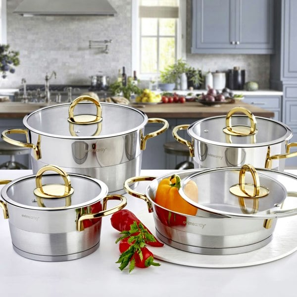 Rozi Elit Collection 8-piece Stainless Steel Cookware Set (Gold Handles)