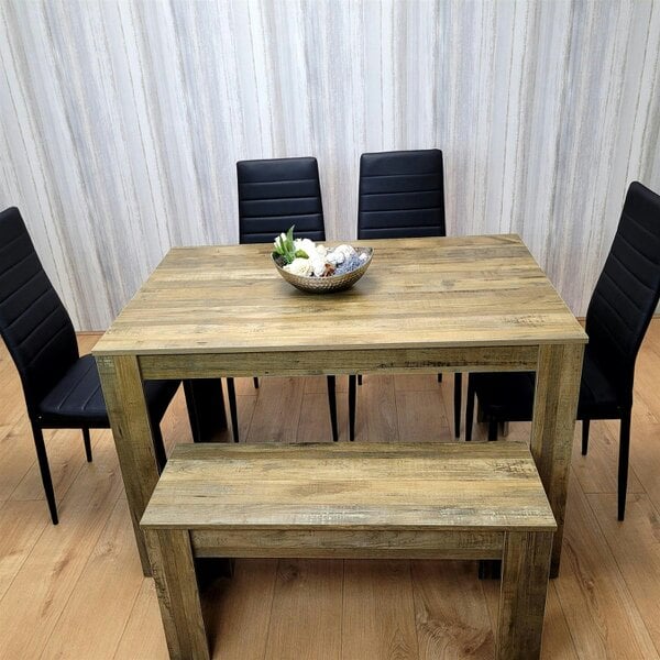 Kosy Koala Wooden Dining Table Set for 6 Rustic Effect Table With 4 Black Leather Chairs and 1 Bench
