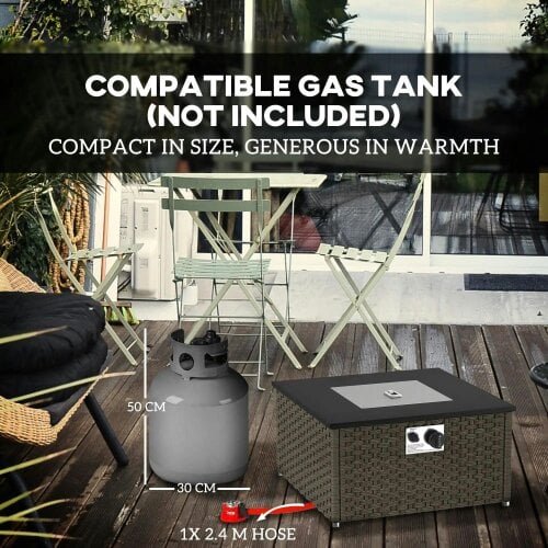 Bobobiy Rattan Gas Fire Pit Table, 13 KW Smokeless Propane Fire Pit with Lid, 58 x 33 cm, Grey, 58 x 58 x 33 cm