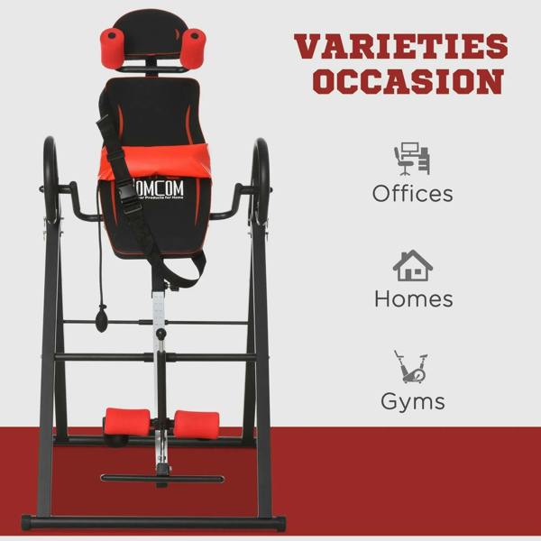 Gravity inversion table with safety belt, red/black, front frame with red foam foot pads
