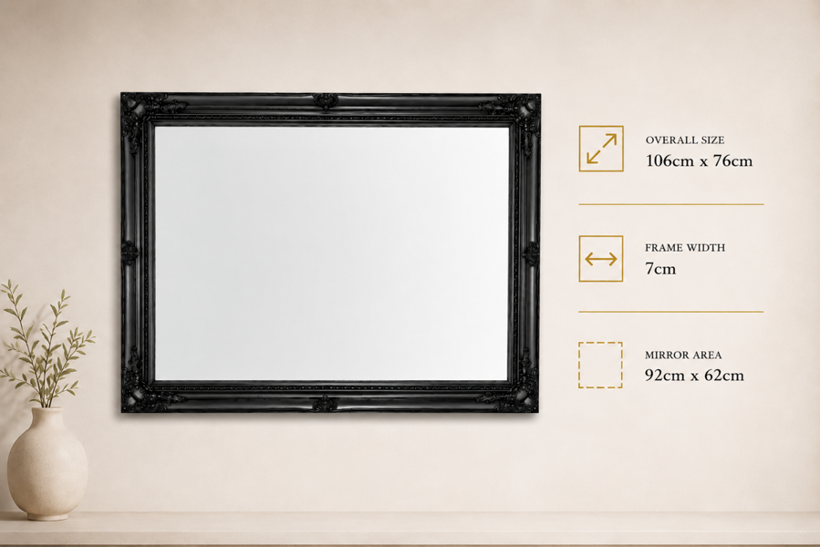 Downton Interiors Antique Style Extra Large Black Wood Frame Wall Mirror 106cm x 75cm