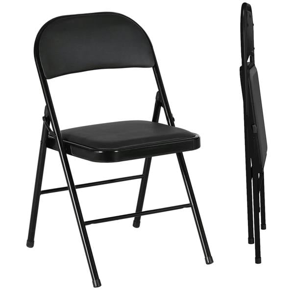 Set of two black folding chairs with cushioned seat and back, steel frame