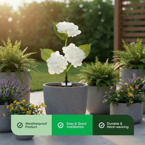 Gardenwize Hydrangea Solar Stake Light – 3 Flower Head Warm White LED Garden Light