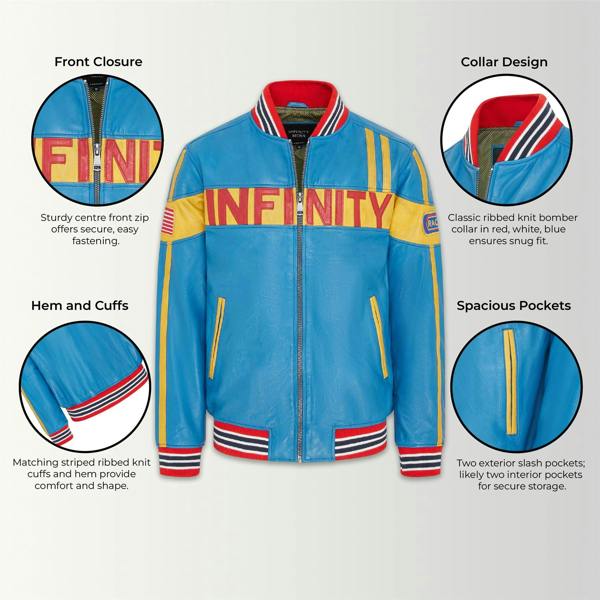 Infinity Leather Men's Blue Leather Track Racing Bomber Biker Jacket - Player