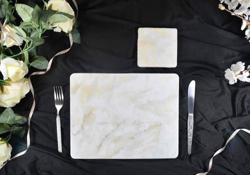 Kate Chesters Art White Cream Gold Placemats and Coasters Set - Heat Safe Mats