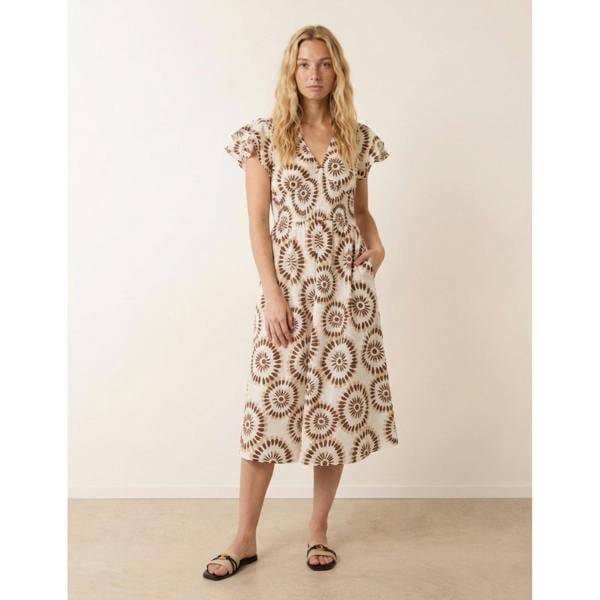 Blue Vanilla V Neck Frill Sleeve Printed Midi Dress