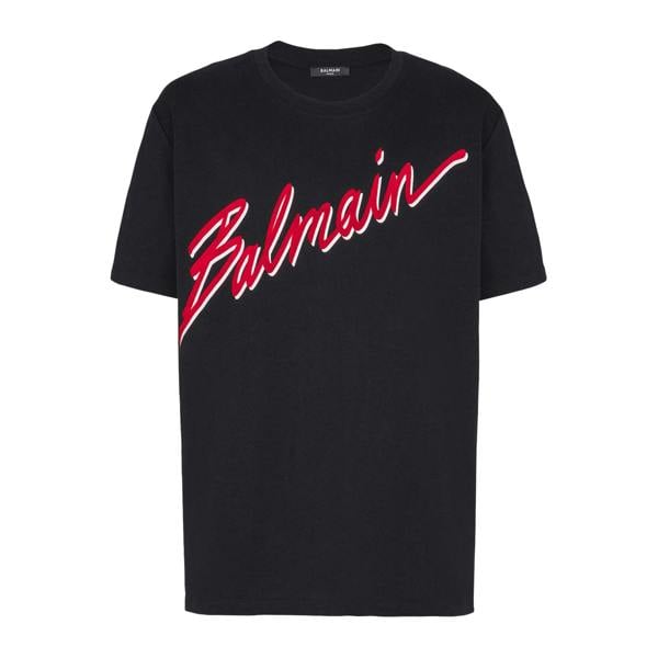 Balmain Flocked Red Letter Logo T-Shirt   in  Black