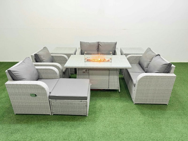 Fimous 7 Seater Outdoor Reclining Chair Love Sofa Set Rattan Garden Furniture Set with Fire Pit Dining Table Footstool 2 Side Tables Light Grey