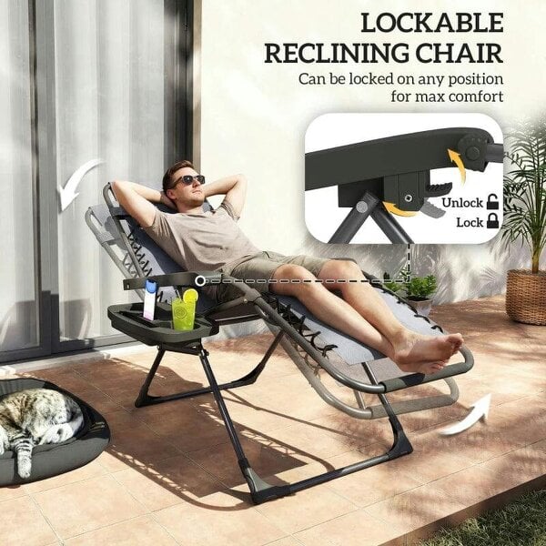 Bobobiy Zero Gravity Chairs Set of 2, Folding Sunloungers Reclining Garden Chairs with Cup Holder, Headrest, Dark Grey