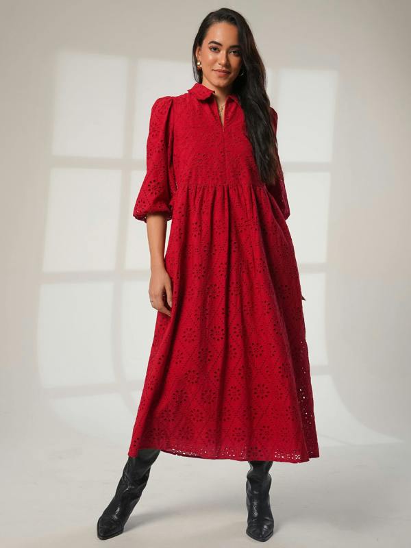 Rose & Nancy Lucille Red Embroidered Midi Shirt Dress&nbsp;
