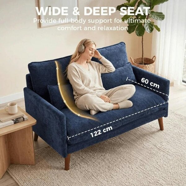 2 Seater Sofa, Loveseat Sofa with Spring Cushions, Wide and Deep Seat, Wood Legs, Blue