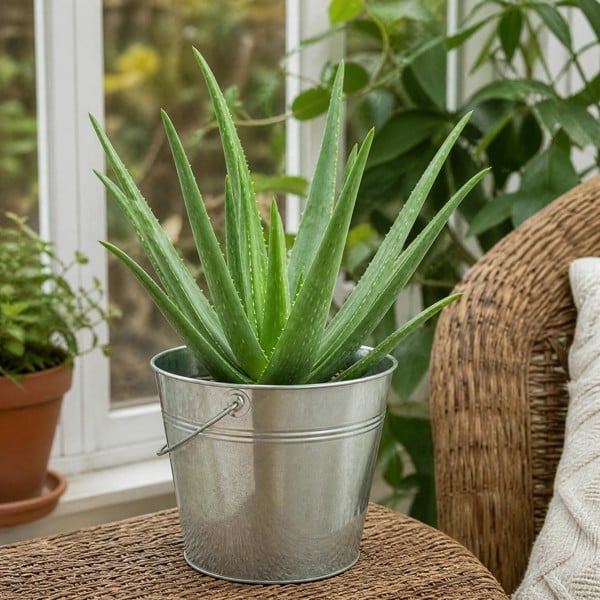 Aloe Vera Plant 12cm Pot for Indoors - Medicinal Houseplant - Galvanised Pail - 1