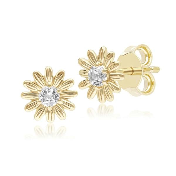 Gemondo Gardenia Daisy White Sapphire Floral Halo Flower Stud Earrings in Solid 9ct Yellow Gold