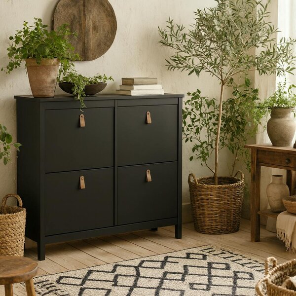 Wyld Haus Wildberry Matt Black Wooden Shoe Cabinet 4 Flip Down Doors Leather Handles