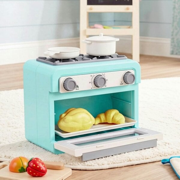 deAO Kids Toy Oven Kitchen Playset with Lights, Sounds, Color-Changing Food & Accessories (Ages 3+, Blue)