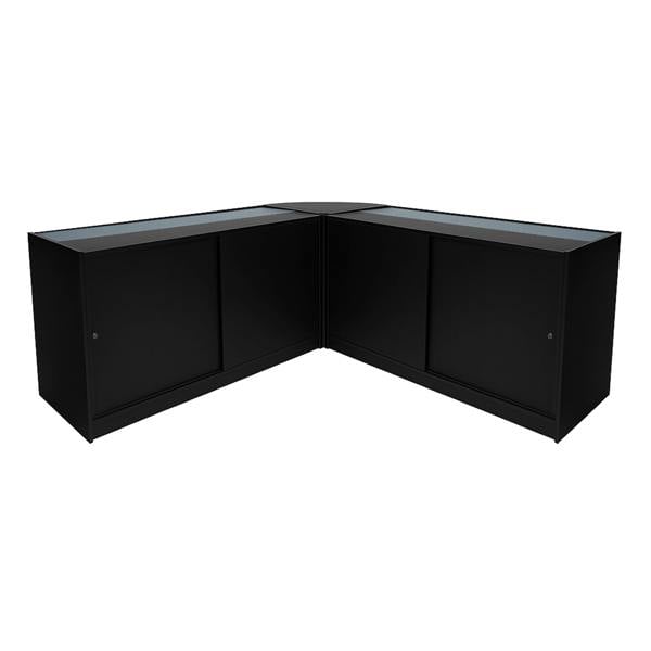 Harmonia LED Shop Counter Set in sleek black features a modern corner design with glass display tops and sliding doors for storage