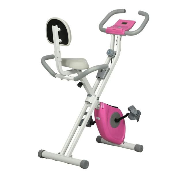Folding exercise bike with white frame, pink flywheel, gray seat and handlebars