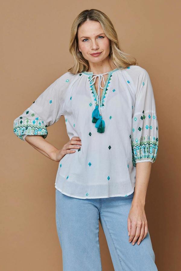 White | Embroidered Tassel Tie Front Blouse