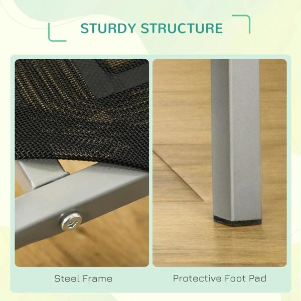 Breathable black mesh surface on an elevated dog cot with steel frame and foot pads