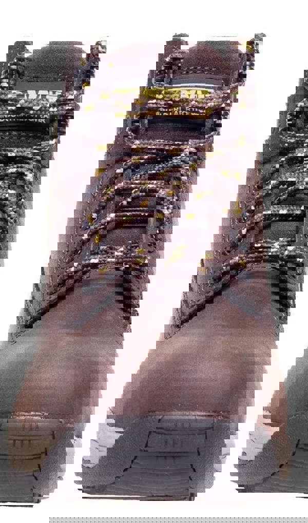 DeWalt Mason Men's Lace-Up Safety Work Steel Toe Ankle Boots, brown leather construction with black and yellow laces, rugged outsole, and steel toe protection.