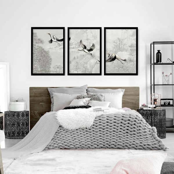 Japanese crane art | set of 3 Bedroom wall prints