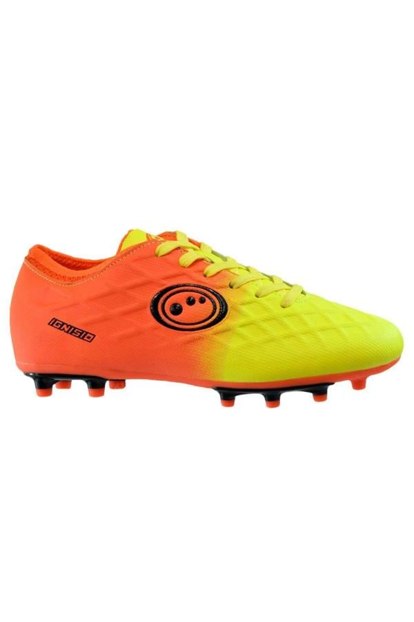 Orange and fluro yellow Optimum Ignisio football boot, outer side view, black ring logo and moulded studs, on white - Optimum