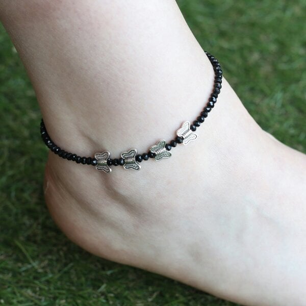 The Colourful Aura Butterfly Charm Black Beaded Nazar Slim Anklet Payal