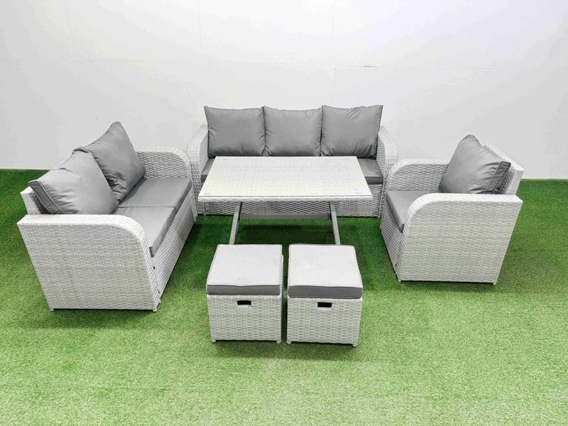 Fimous Rattan High Back Lounge Sofa Set Patio Dining Table & Chairs Set with 3 Seater Sofa Reclining Chair 2 Small Stool Light Grey
