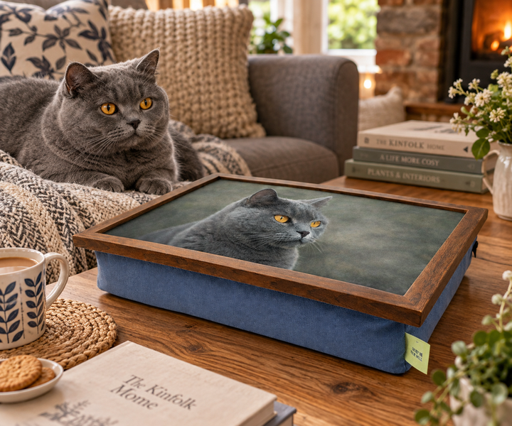 Made in the Mill "Paws for Tea" Collection - British Short Hair Cat Lap Tray with Bean Bag Base