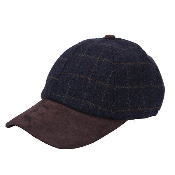 Navy and brown checkered cap on a white background