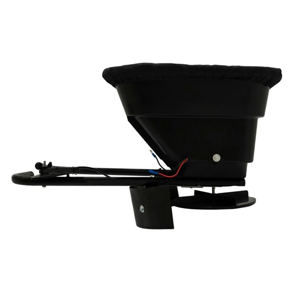 Black ATV mounted spreader with a sturdy frame, large hopper, and adjustable controls for efficient spreading of materials