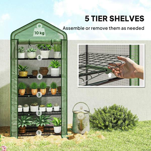 Green 5-tier plant greenhouse with metal wire shelves and reinforced frame, outdoor setup.