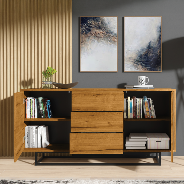Mex Furniture Bold 160cm Loft Retro Industrial Sideboard Vintage Oak TV Unit Cabinet Cupboard