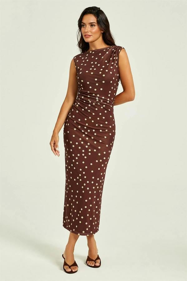 FS Collection Polka Dot Print Mesh Midi Dress In Brown