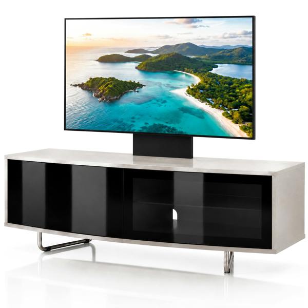 Homeology Caru Black Greige Beam-Thru Remote Friendly Super-Contemporary D Shape Design 32"-65" LED/OLED/LCD TV Cabinet with Mounting Arm