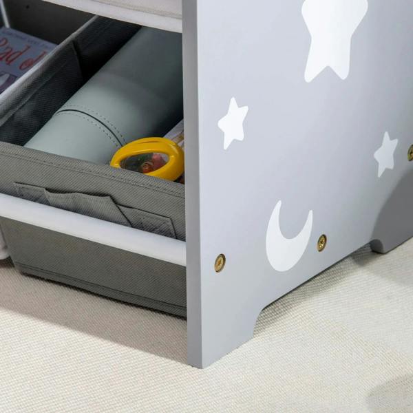 Corner view of kids storage rack with grey-and-white baskets and moon-star side panel