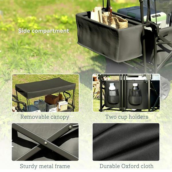 Black folding cart with side compartment, removable canopy, and built-in cup holders