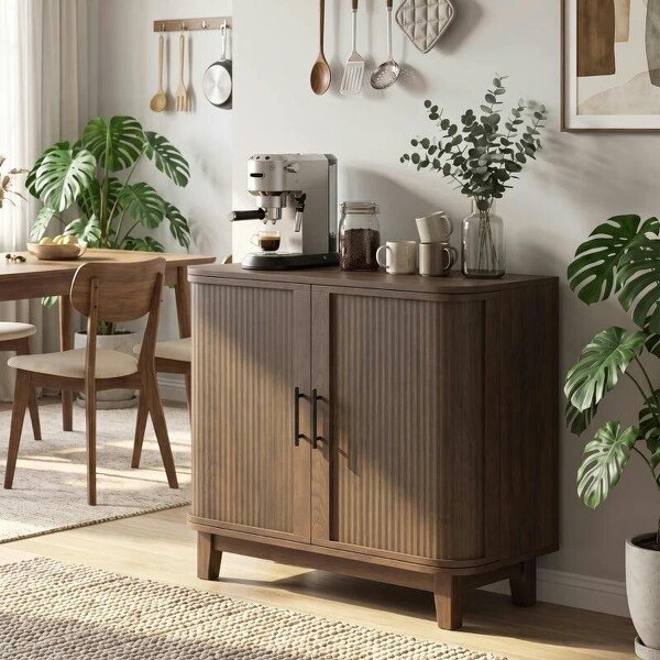 Sideboard Buffet Cabinet, Storage Cabinet with 2 Curved Doors, Adjustable Shelf and Legs for Dining Room, Dark Walnut