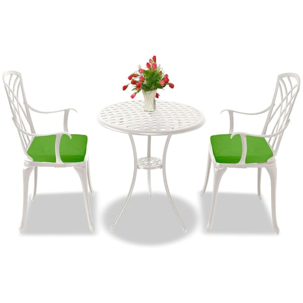 Centurion Supports OSHOWA Luxurious Garden and Patio Table and 2 Large Chairs with Armrests Cast Aluminium Bistro Set - White with Green Cushions