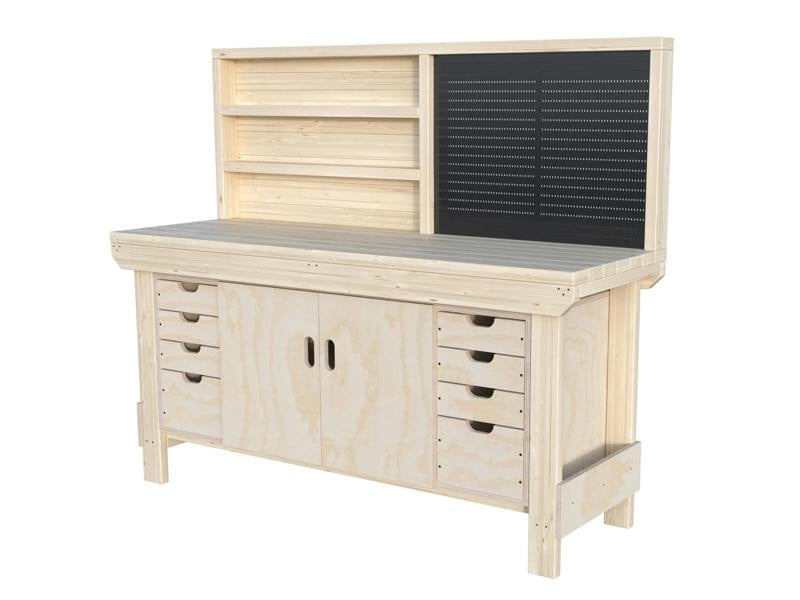 Acorn Heavy-Duty Cupboard Workbench (V.4) – Sturdy Wooden Workbench with Two-Door Cupboard in the middle, Multiple Drawers, and Optional Back Panel or Pegboard, Ideal for Garages, Workshops, and Sheds